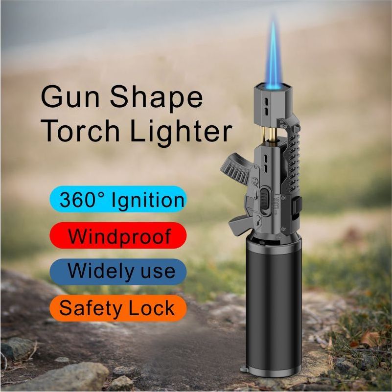 GF-917 high temperature wind proof blue flame print logo gun shaped pistol grill fire glock butane torch lighter