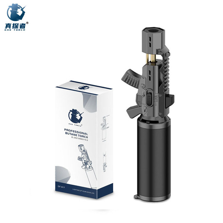 GF-917 New model metal refilled windproof straight gun shape torch blue flame lighter butane gas for kitchen