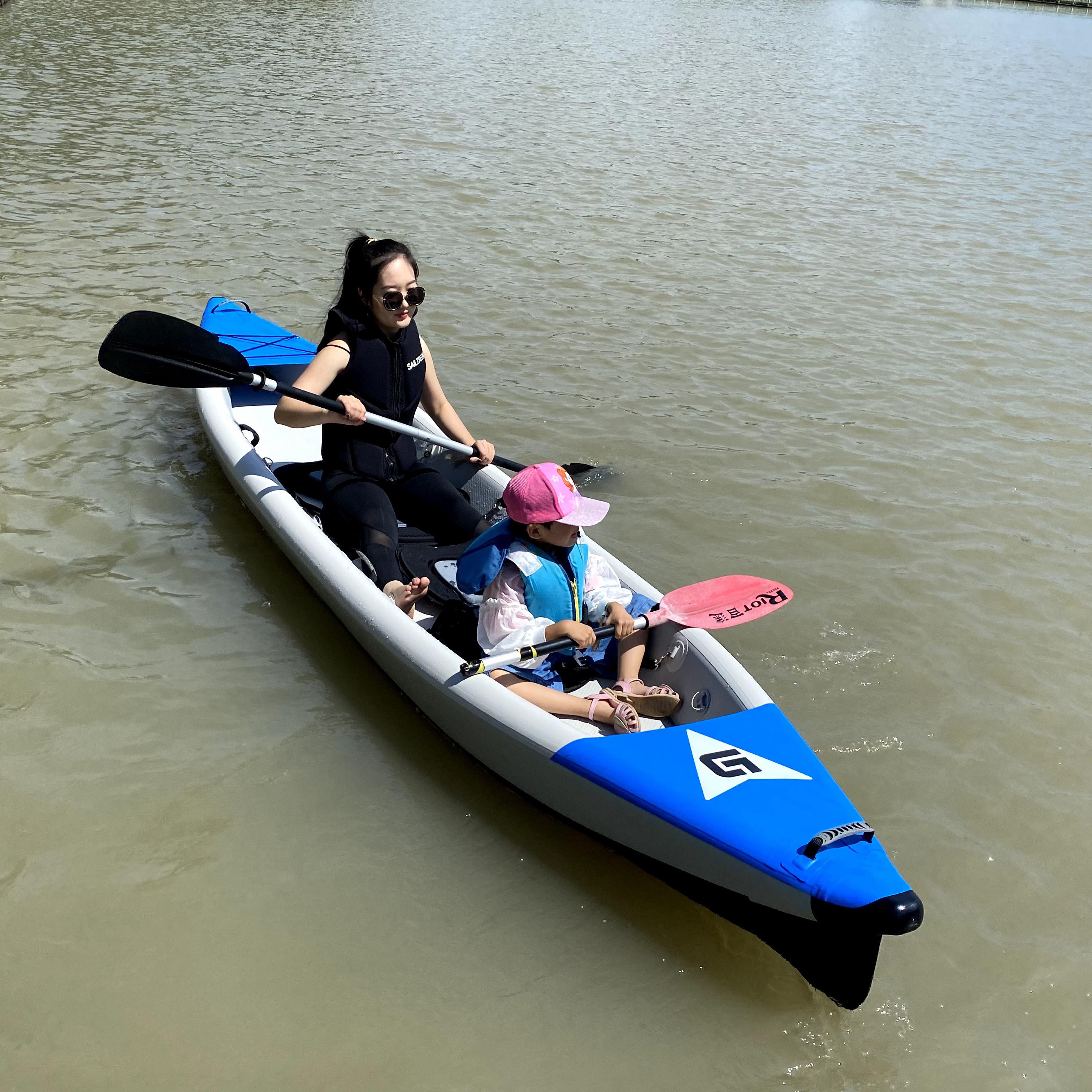 New Design Water Sport 2 Person Sit In Fishing Inflatable Drop Stitch Foldable Drift Canoe Kayak With Paddles