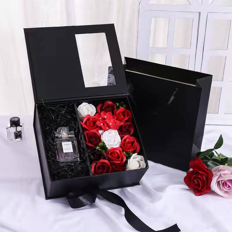 custom rose flower box with partial window and ribbon bow wholesale luxury gift flower boxes packaging 2023