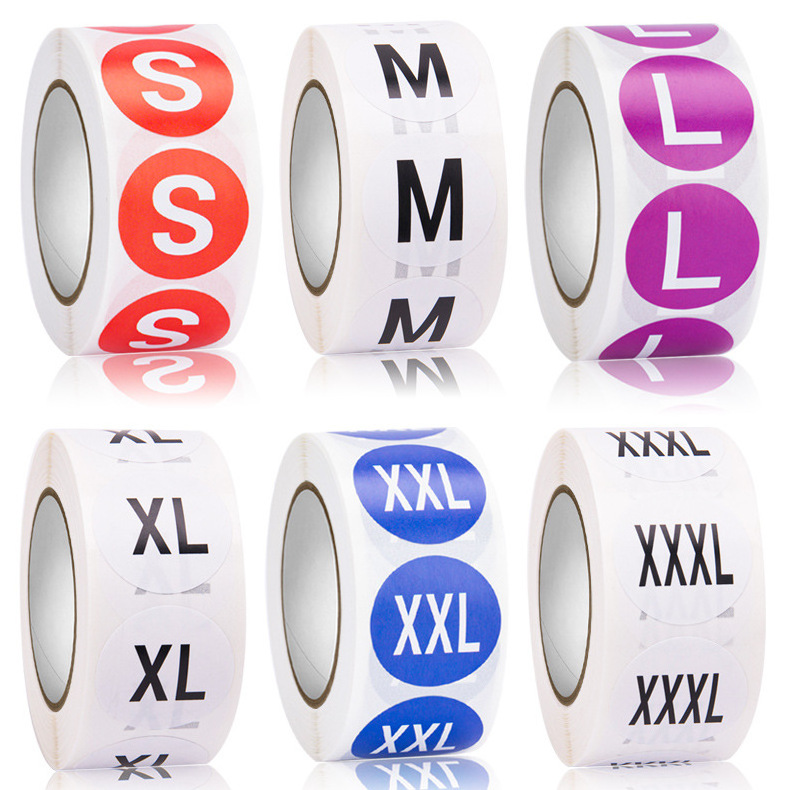 Wholesale XS S M L XL XXL XXXL Clothing size stickers shoes and hats size self-adhesive round roll sticker custom sized stickers