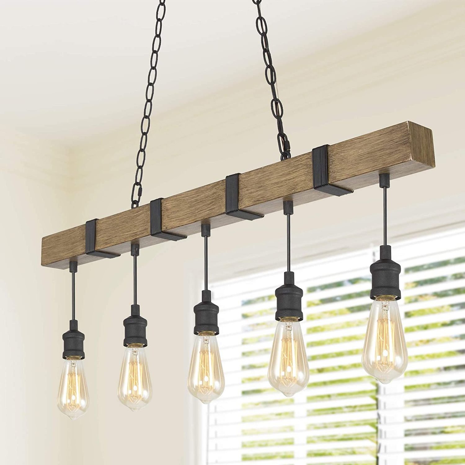 Farmhouse Chandelier for Kitchen Island in Rustic Faux Wood with Black Wires 5-Light Pendant Lighting for Dining Room Kitchen