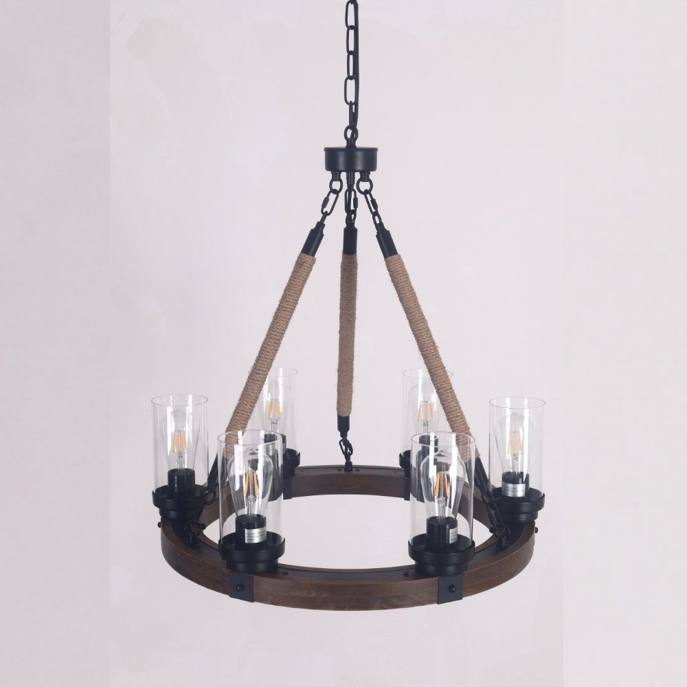 Farmhouse Round Wooden Chandelier with Glass Shade Hemp Rope 6/8 lights Pendant Light Fixtures for Kitchen Island