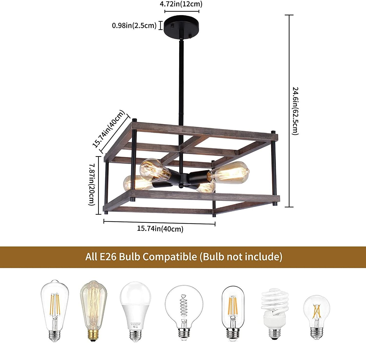 Semi Flush Mount Chandelier 2-Light Wood Metal Light Fixture Rustic Pendent Lamp Bedroom Kitchen Living Room Decor