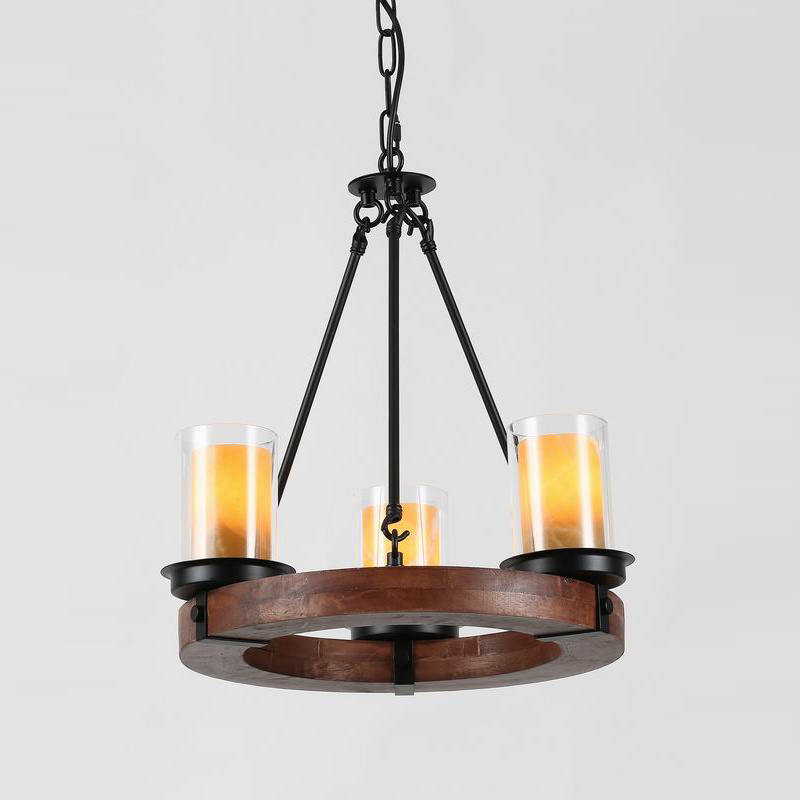 Round Wooden Adjustable Chain E26 Chandelier with Glass Shade Metal Pendant Five Lights Decorative Lighting Fixture Rustic Loft