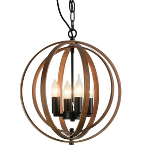 Wooden Metal Chandelier Iron Frame Cover Pendant Lighting Kitchen Island Rustic Industrial E26 Edison Bulb Hanging Lights