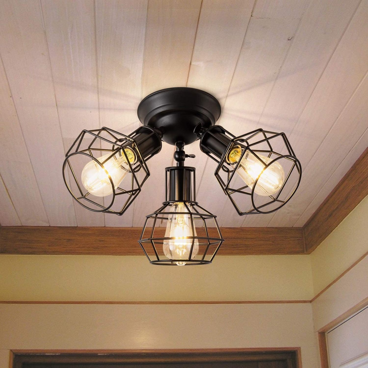 Rustic Semi Flush Mount Ceiling Light Industrial Black Metal Cage Ceiling Light Fixture 3-Light Adjustable Vintage Ceiling Lamp