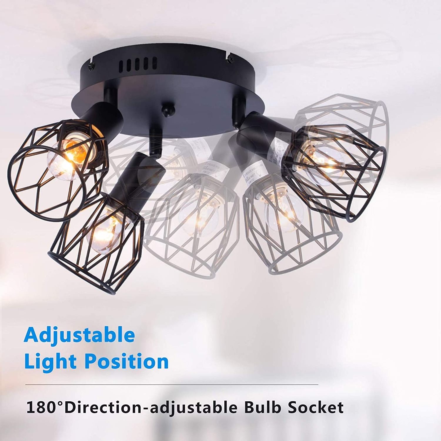 Industrial Vintage Matte Black Ceiling Light 3-Light Multi-Directional Wire Cage Farmhouse Ceiling Light Kitchen Living Room