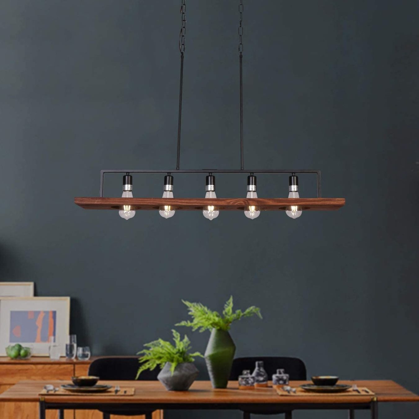 6-Lights Wooden Industrial Island Pendant Light Fixture Ceiling Lights for Dining Room Kitchen Living Room Bar Foyer