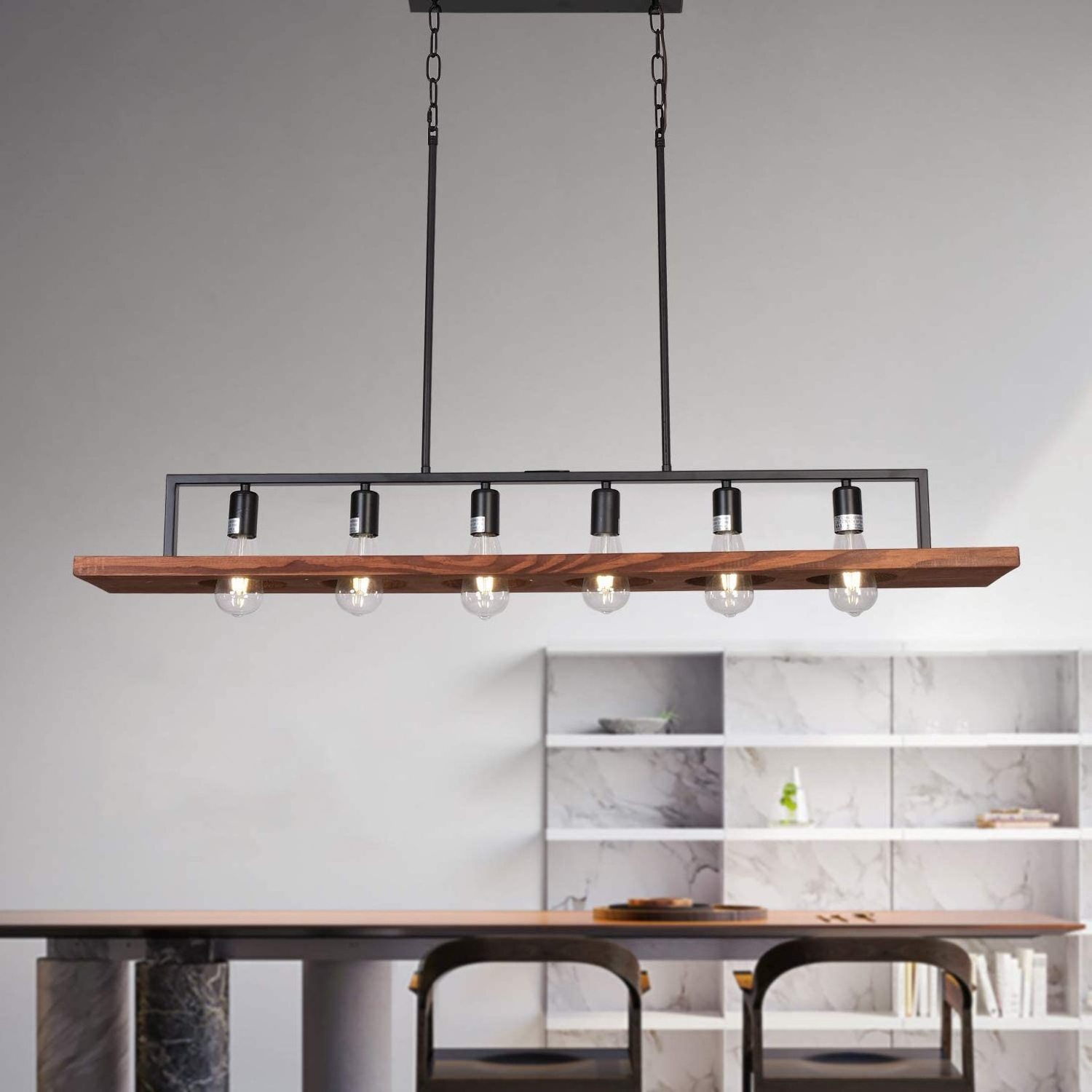 6-Lights Wooden Industrial Island Pendant Light Fixture Ceiling Lights for Dining Room Kitchen Living Room Bar Foyer