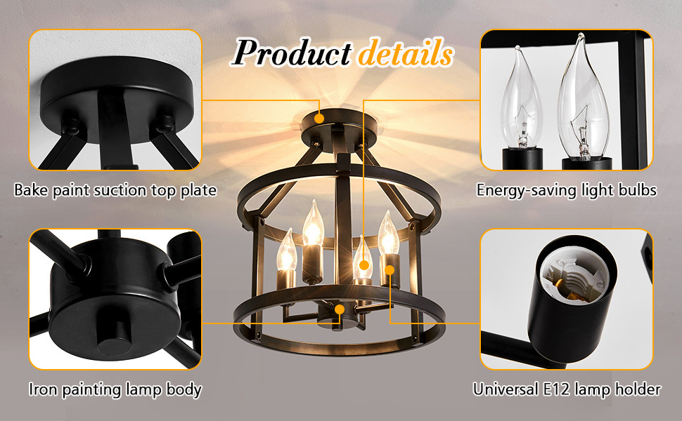 Farmhouse Black Metal Frame Ceiling Light 4 Lights Candle Shape Bulb Industrial Vintage Ceiling Lamp Kitchen Living Room Decor