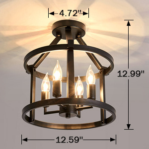 Farmhouse Black Metal Frame Ceiling Light 4 Lights Candle Shape Bulb Industrial Vintage Ceiling Lamp Kitchen Living Room Decor