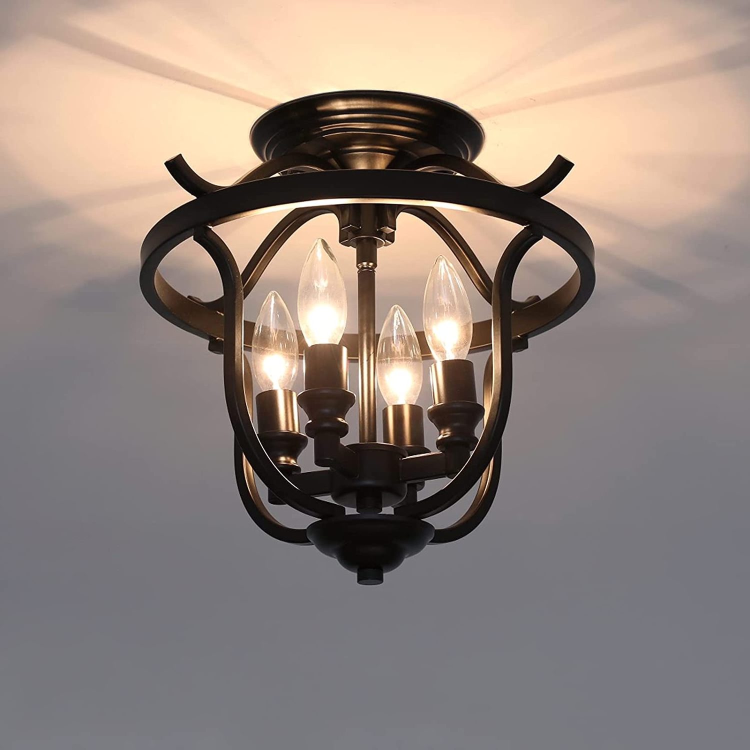 Farmhouse Black Metal Frame Ceiling Light 4 Lights Candle Shape Bulb Industrial Vintage Ceiling Lamp Kitchen Living Room Decor