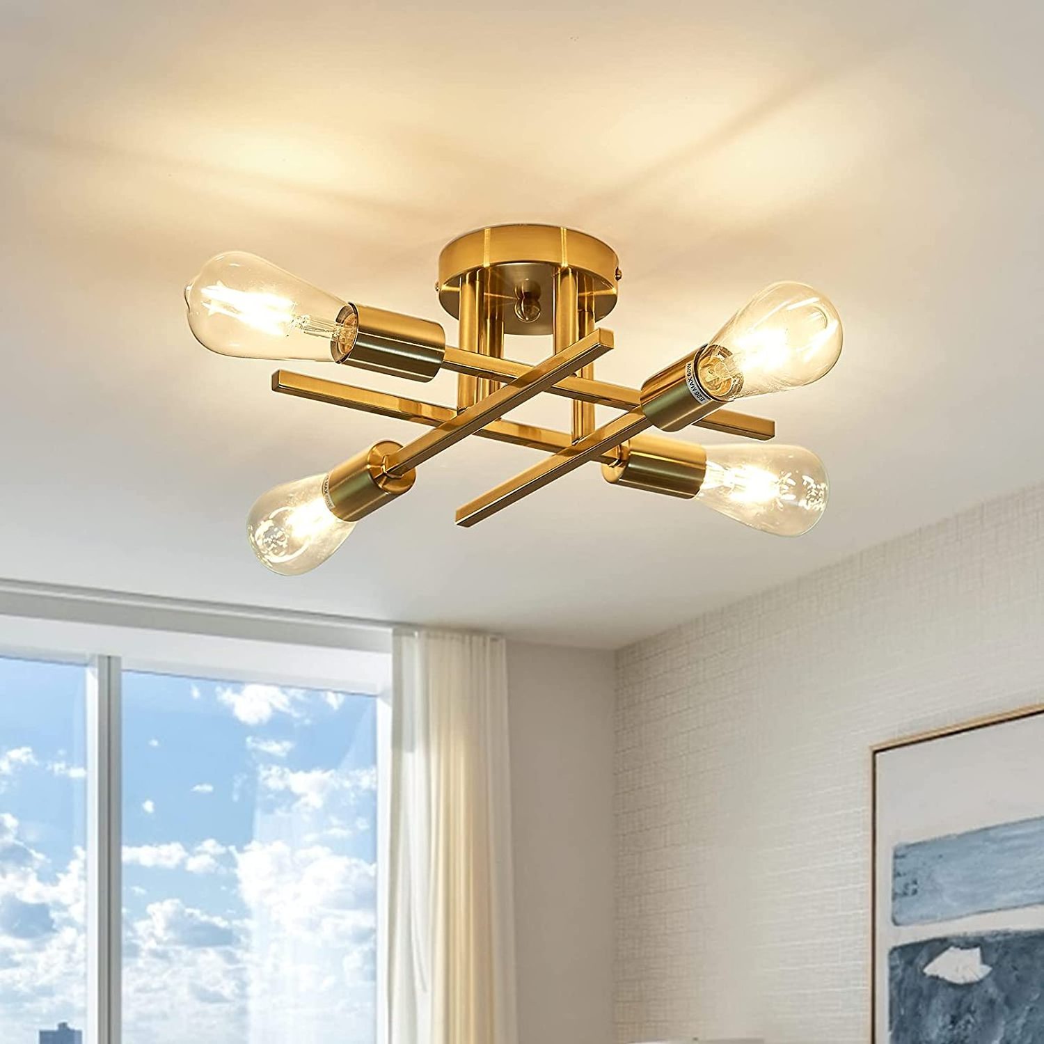 Gold Chandelier Vintage Industrial Mid Century Flush Mount Ceiling Light,Modern Farmhouse Hallway Lamp,For Kitchen,Bedroom