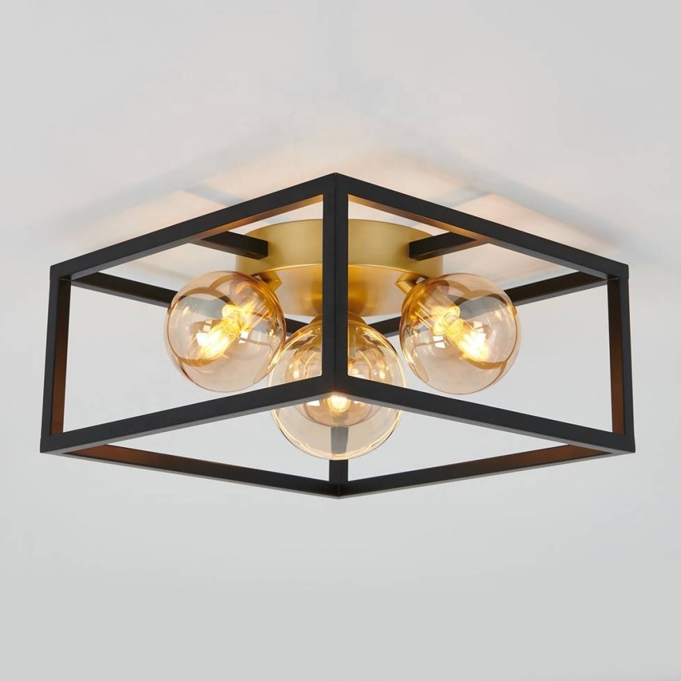 Farmhouse Matte Black Iron Ceiling Light 3 Lights Little Gold  Square Shape Industrial Vintage ceiling lamp Kitchen Living Room