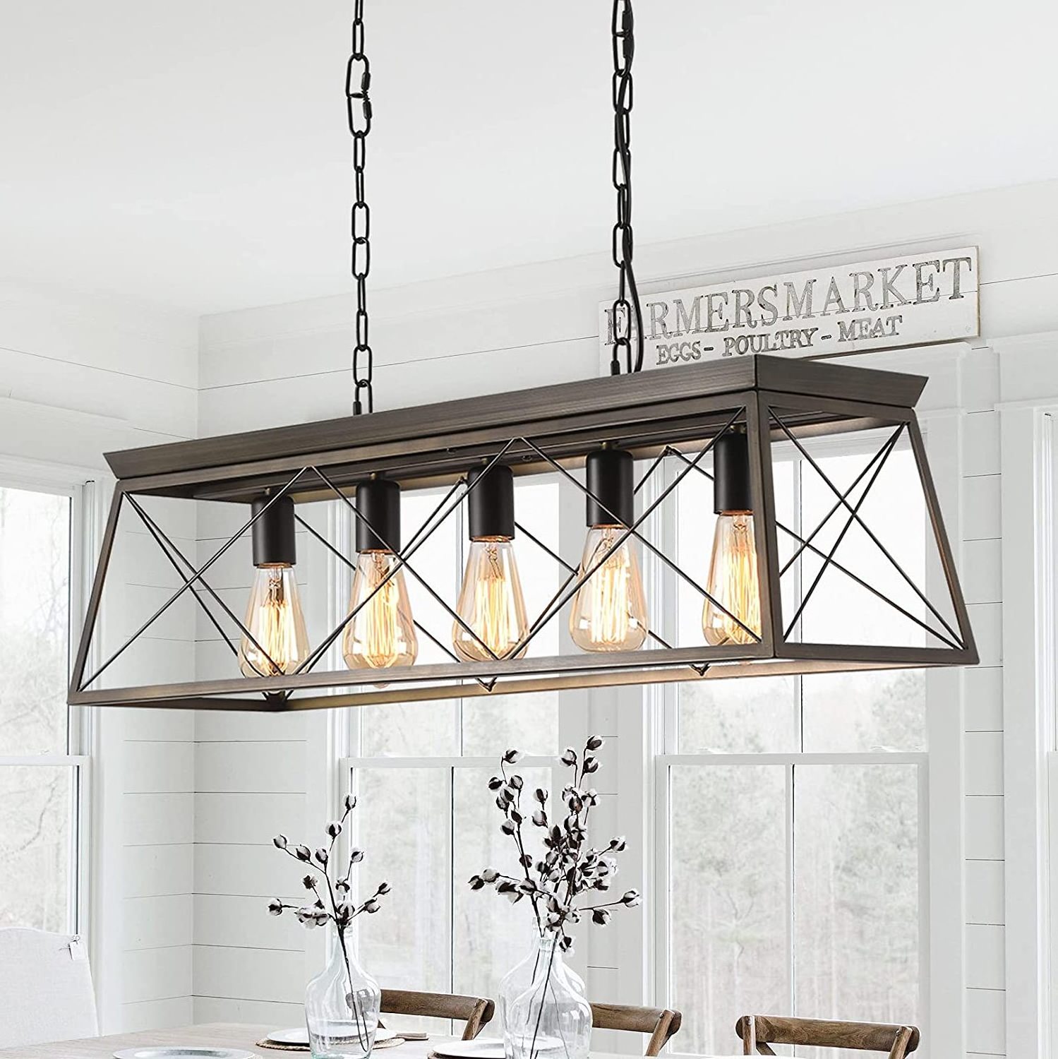 Modern Farmhouse Linear Kitchen Chandelier Light Antique Industrial Wood Texture Metal Shade Ceiling Hanging Light