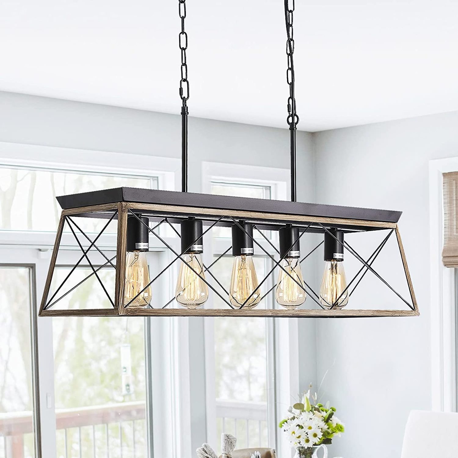 Modern Farmhouse Linear Kitchen Chandelier Light Antique Industrial Wood Texture Metal Shade Ceiling Hanging Light