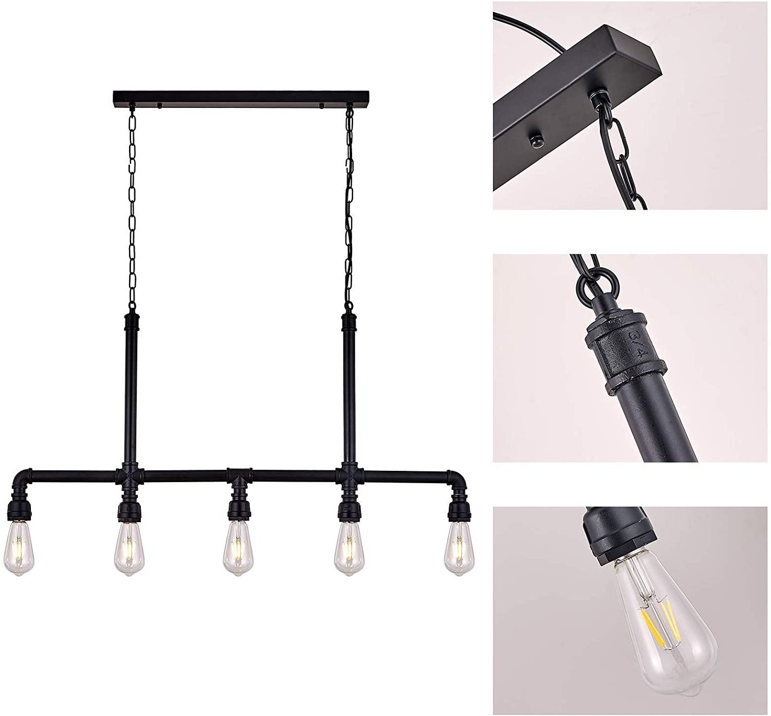 Industrial Chandelier 5-Light Fixtures Hanging Farmhouse Rustic Kitchen Island Pendant Lamp Black Metal Water Pipe Lighting