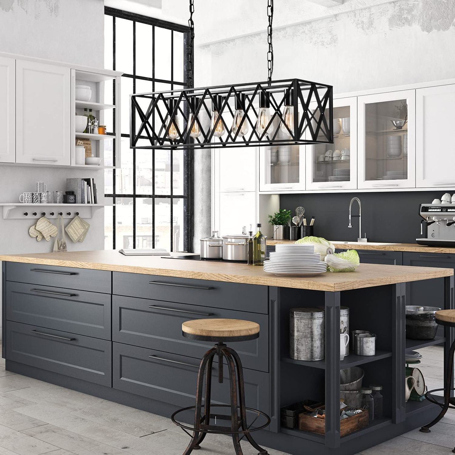 4-Light Farmhouse Kitchen Island Pendant Lighting Industrial Black Chandelier Lamp Fixture For Dinging Room Foyer