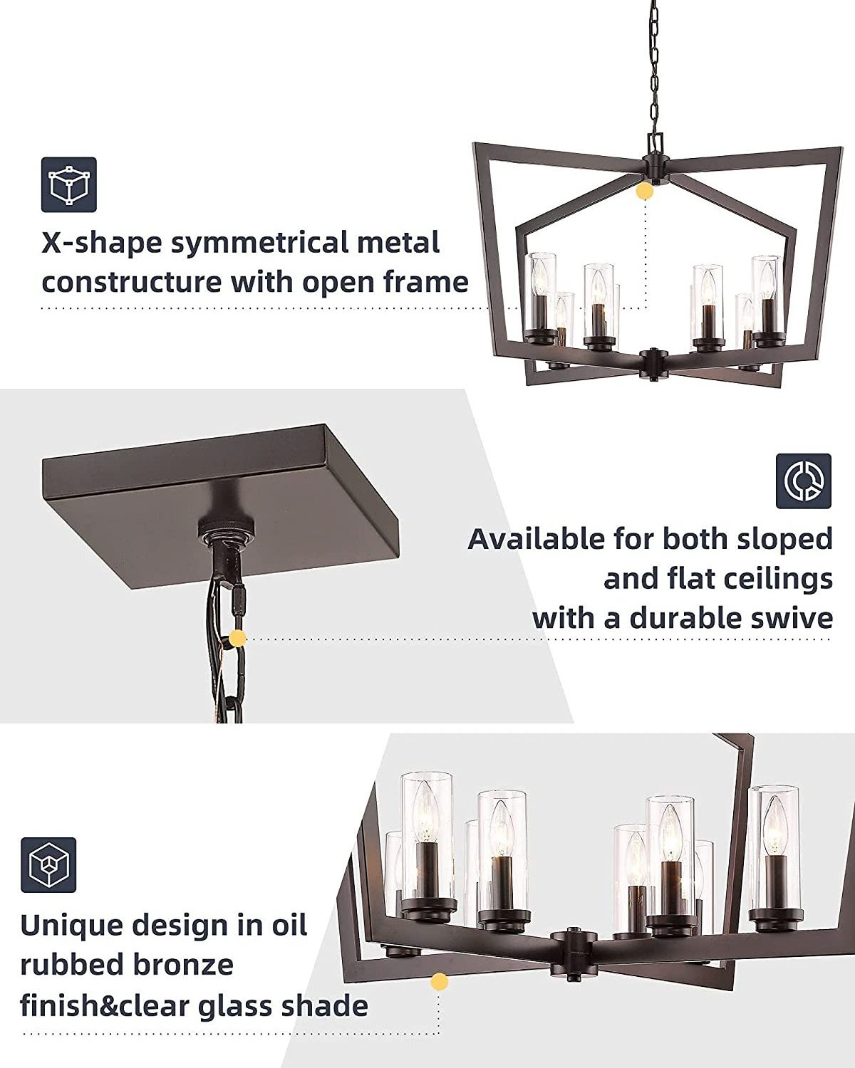 Modern 8-Light Oil Rubbed Bronze Finished with Clear Glass Shade iron Light Fixture Farmhouse Chandelier for Dining Room Kitchen