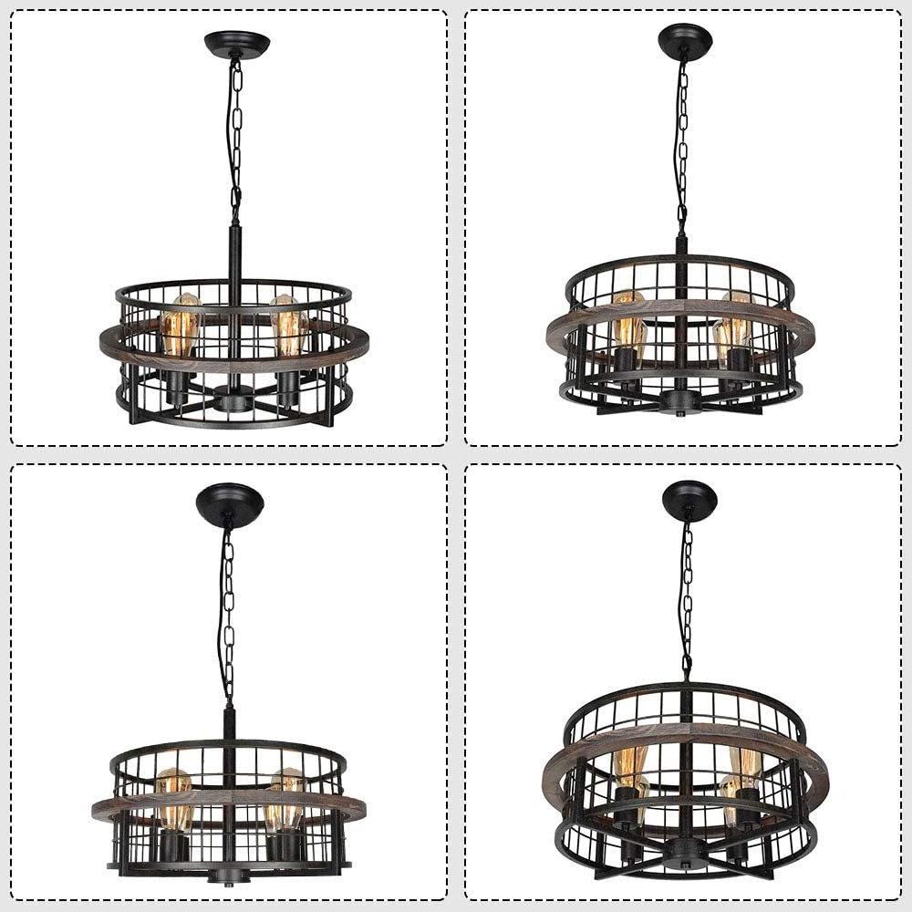 4-Light Edison Round Industrial Rustic Farmhouse Chandelier Black Metal Wire Cage Pendant Light Wood Drum Shaped Light Fixture