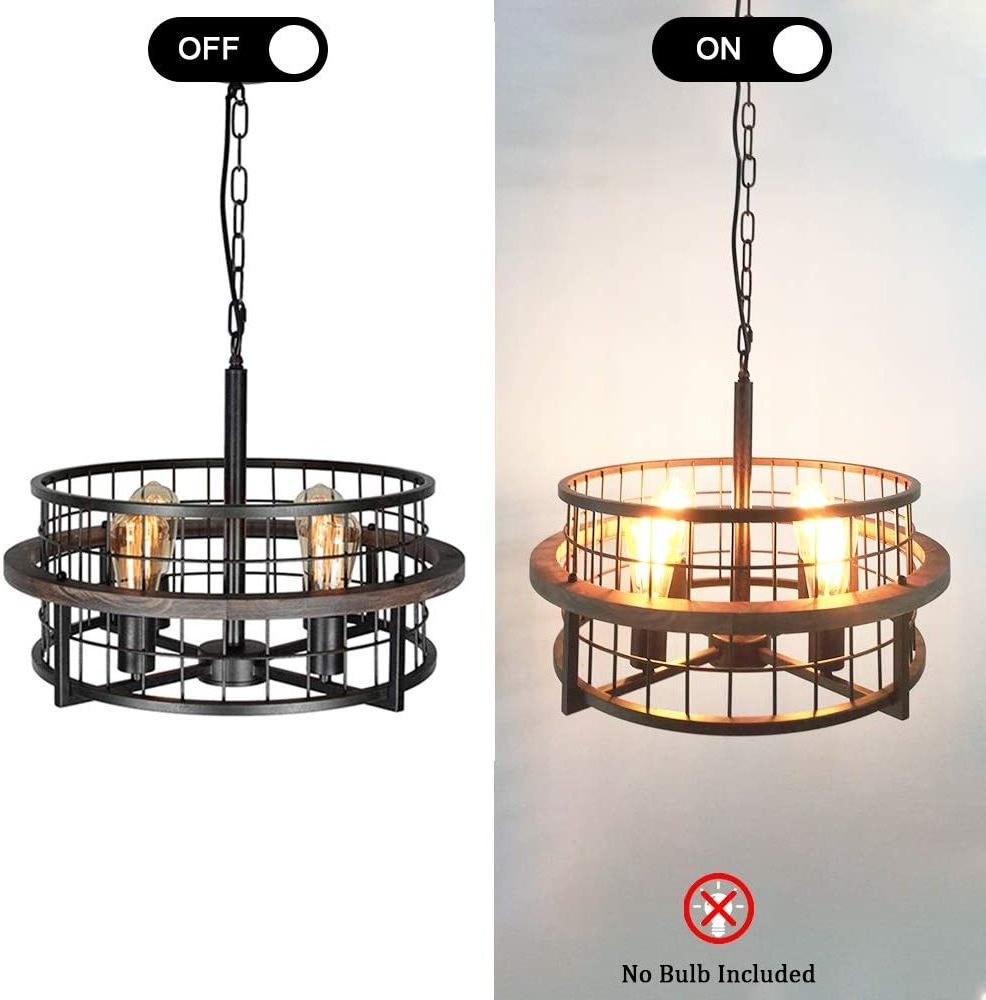 4-Light Edison Round Industrial Rustic Farmhouse Chandelier Black Metal Wire Cage Pendant Light Wood Drum Shaped Light Fixture