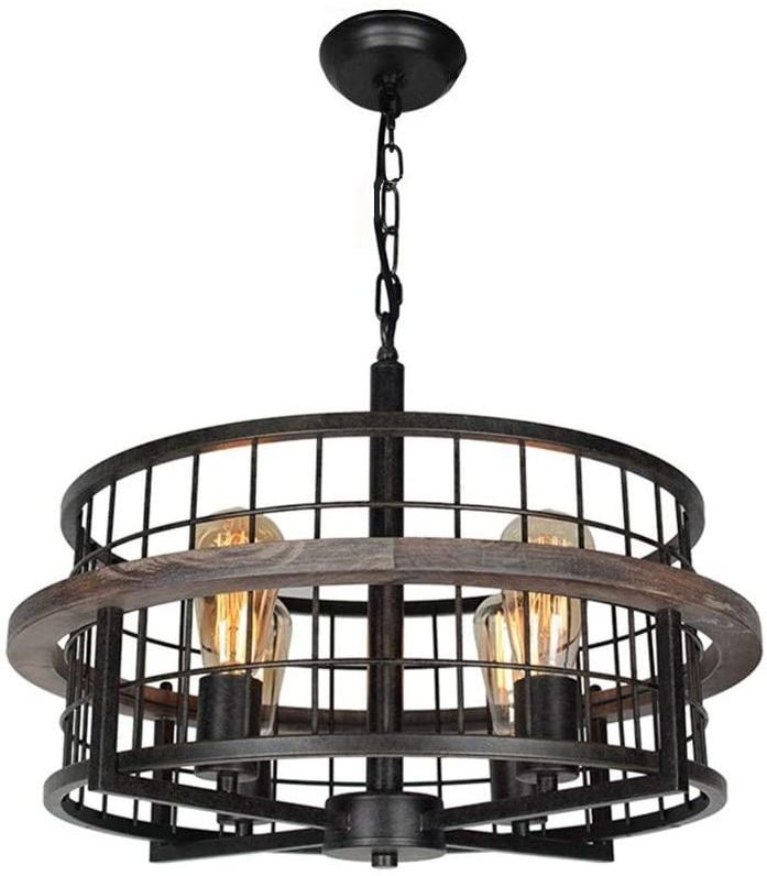 4-Light Edison Round Industrial Rustic Farmhouse Chandelier Black Metal Wire Cage Pendant Light Wood Drum Shaped Light Fixture