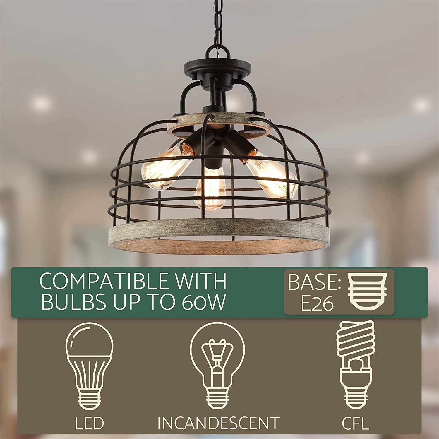 3-Light Industrial Farmhouse Semi Flush Ceiling Light With Cage Shade Rustic Lighting Fixture Kitchen Island