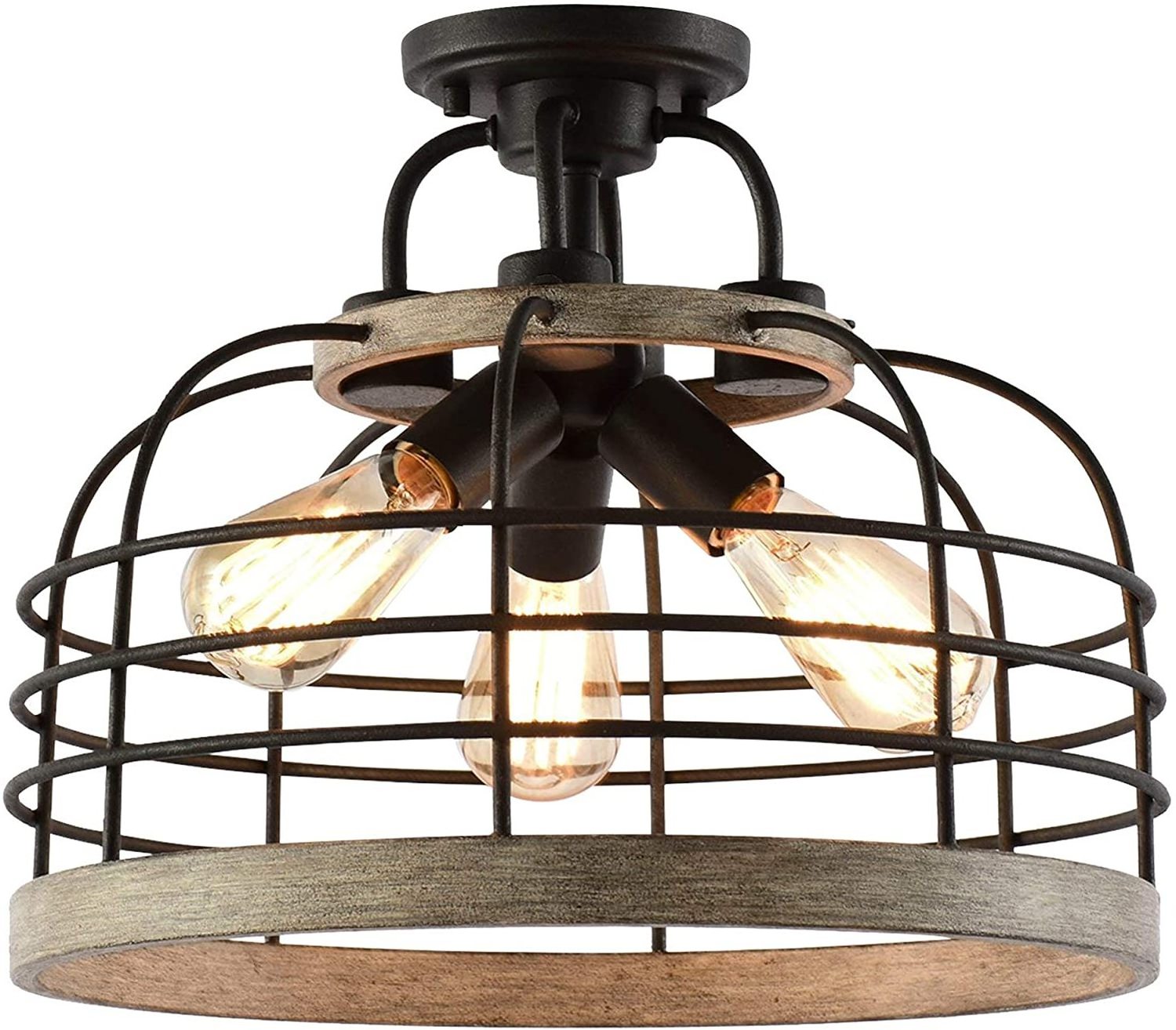 3-Light Industrial Farmhouse Semi Flush Ceiling Light With Cage Shade Rustic Lighting Fixture Kitchen Island