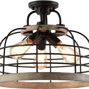 3-Light Industrial Farmhouse Semi Flush Ceiling Light With Cage Shade Rustic Lighting Fixture Kitchen Island