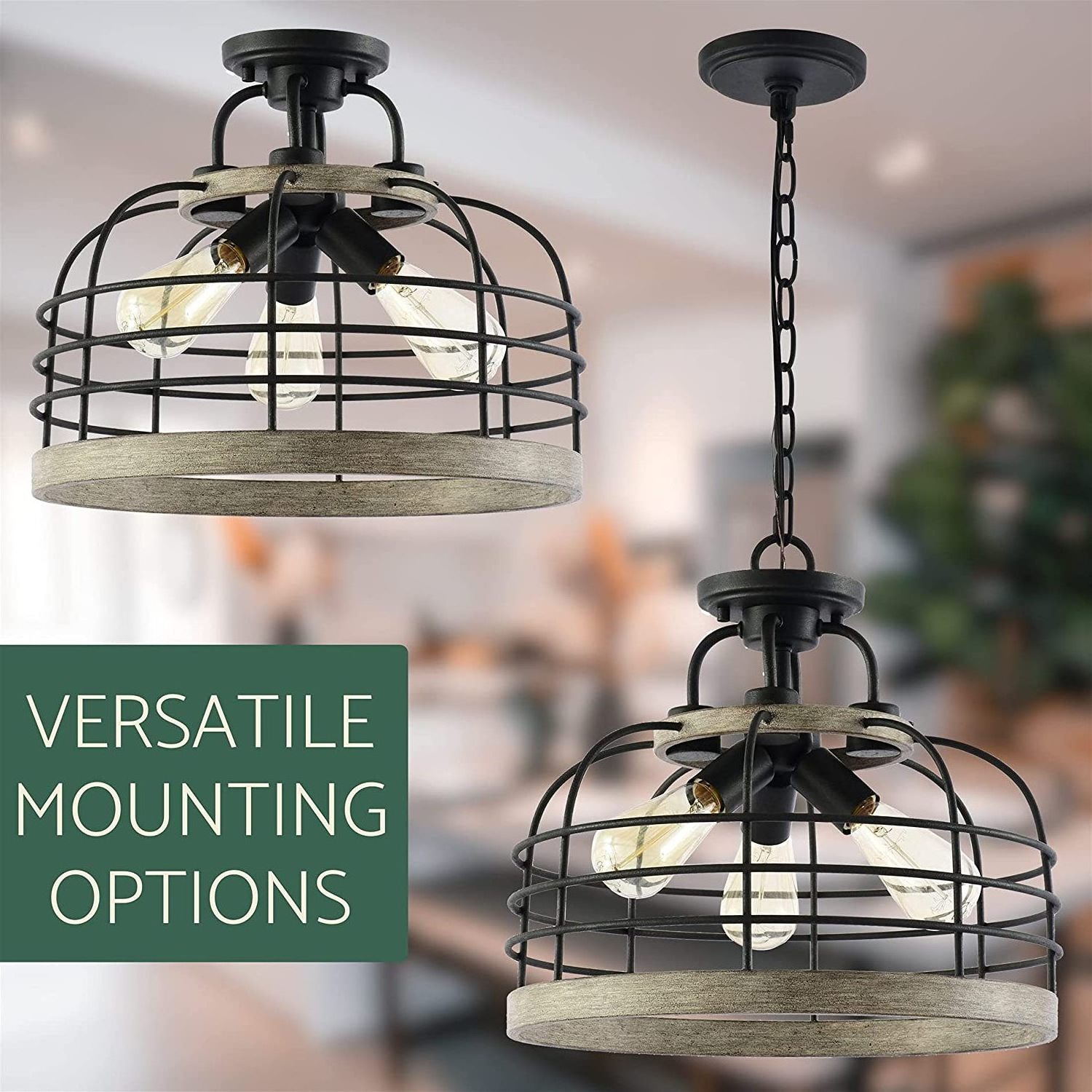 3-Light Industrial Farmhouse Semi Flush Ceiling Light With Cage Shade Rustic Lighting Fixture Kitchen Island