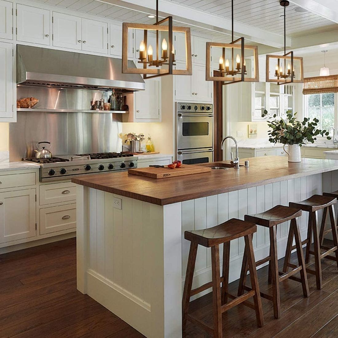 Farmhouse Kitchen Island Pendant Lighting fixtures White Oak Wood Color&Black Metal Finish 4-Light Rustic Chandelier Kitchen