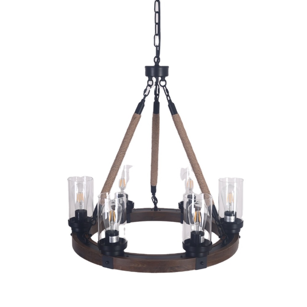 Farmhouse Round Wooden Chandelier with Glass Shade Hemp Rope 6/8 lights Pendant Light Fixtures for Kitchen Island