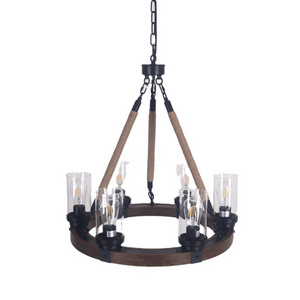 Farmhouse Round Wooden Chandelier with Glass Shade Hemp Rope 6/8 lights Pendant Light Fixtures for Kitchen Island