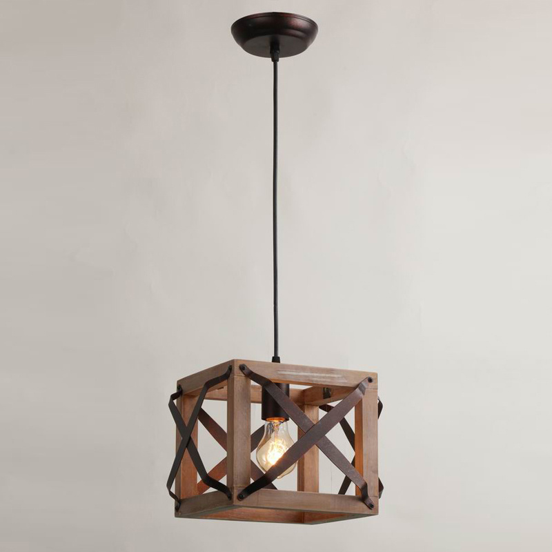 4-Light Rustic Chandelier Adjustable Lantern Pendant Light Wood Iron Lighting Fixtures Dining Room Hallway Entryway