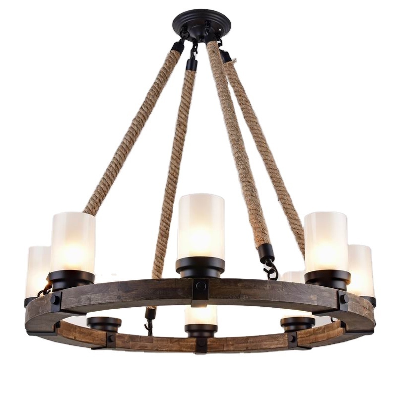 Farmhouse Round Wooden Chandelier with Glass Shade Hemp Rope 6/8 lights Pendant Light Fixtures for Kitchen Island