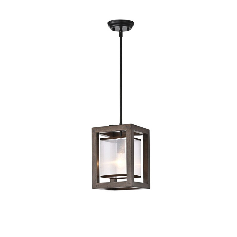 Industrial Wood Metal Farmhouse Chandelier Black Cage Frame Lantern Pendant Lamp Hanging Light Fixture Living Foyer Bedroom