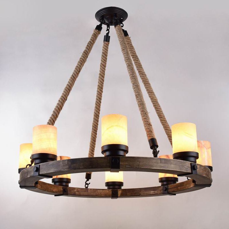 Farmhouse Round Wooden Chandelier with Glass Shade Hemp Rope 6/8 lights Pendant Light Fixtures for Kitchen Island