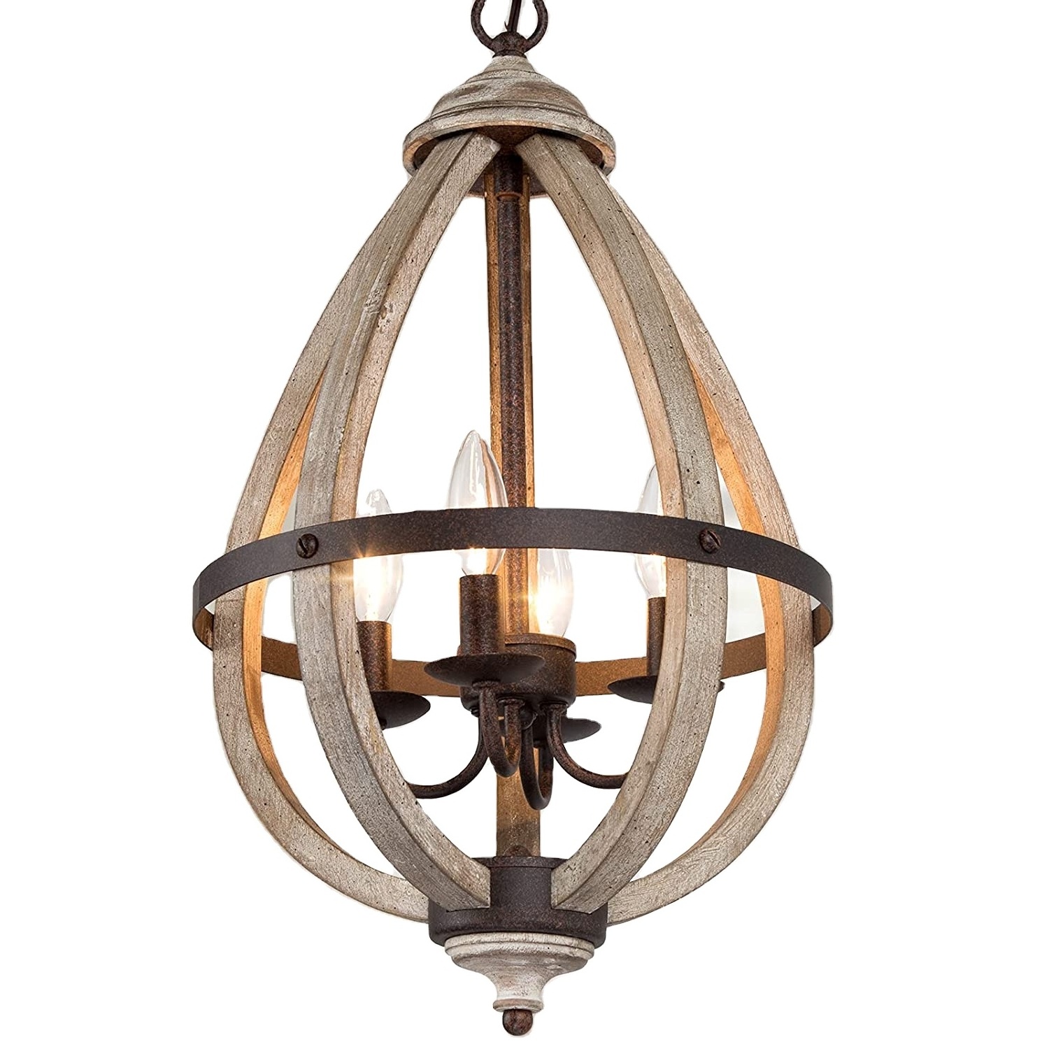 Amazon Farmhouse Chandelier, Orb Wood Chandelier, 4-Light Entryway Foyer Lighting with Hand-Brushed Rust Metal Finish, Brown