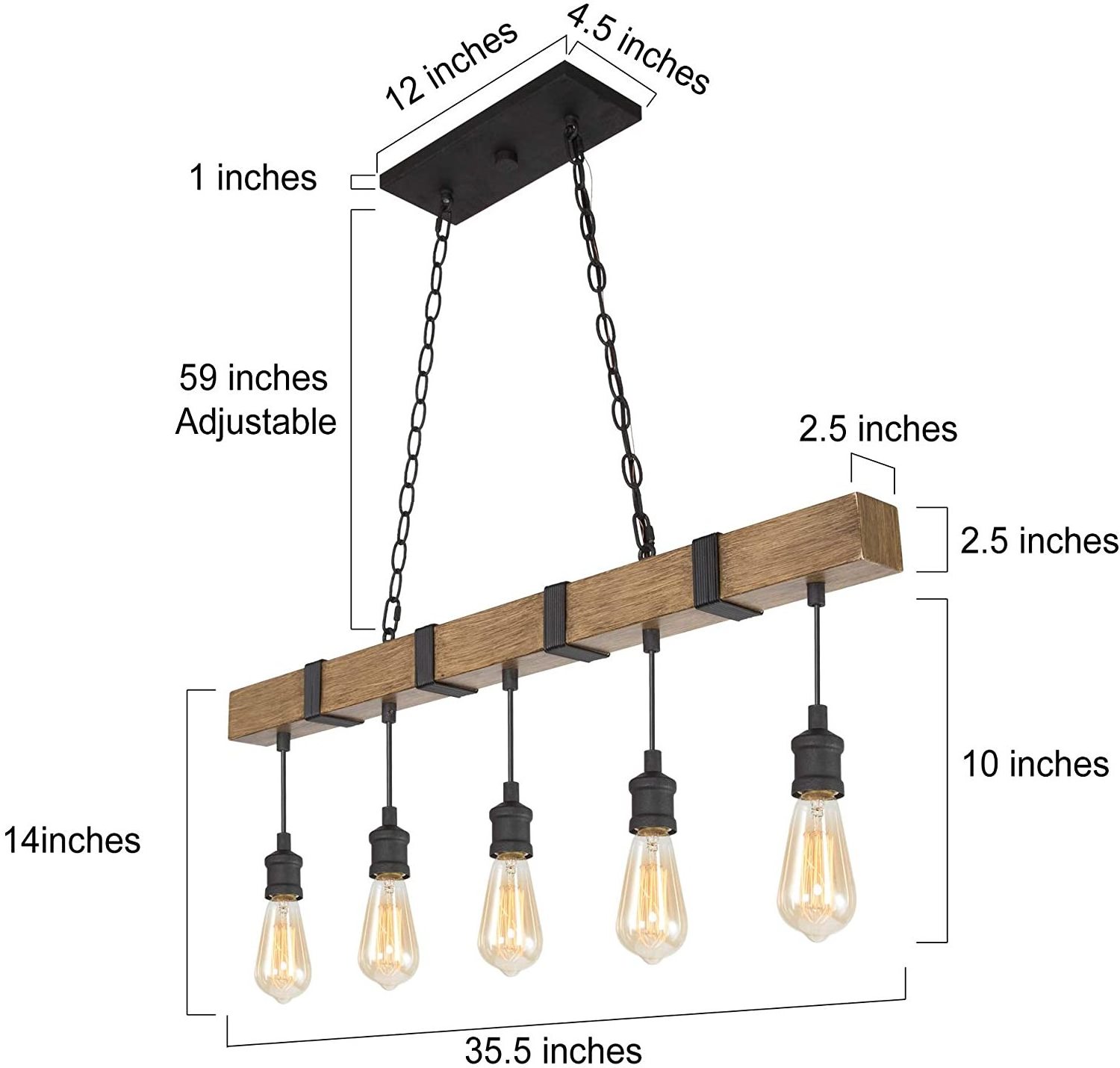 Farmhouse Chandelier for Kitchen Island in Rustic Faux Wood with Black Wires 5-Light Pendant Lighting for Dining Room Kitchen