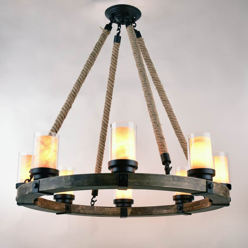 Farmhouse Round Wooden Chandelier with Glass Shade Hemp Rope 6/8 lights Pendant Light Fixtures for Kitchen Island