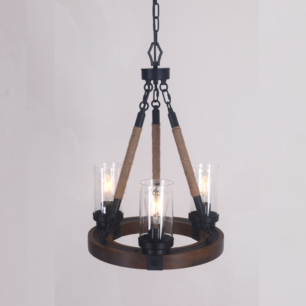 Farmhouse Round Wooden Chandelier with Glass Shade Hemp Rope 6/8 lights Pendant Light Fixtures for Kitchen Island