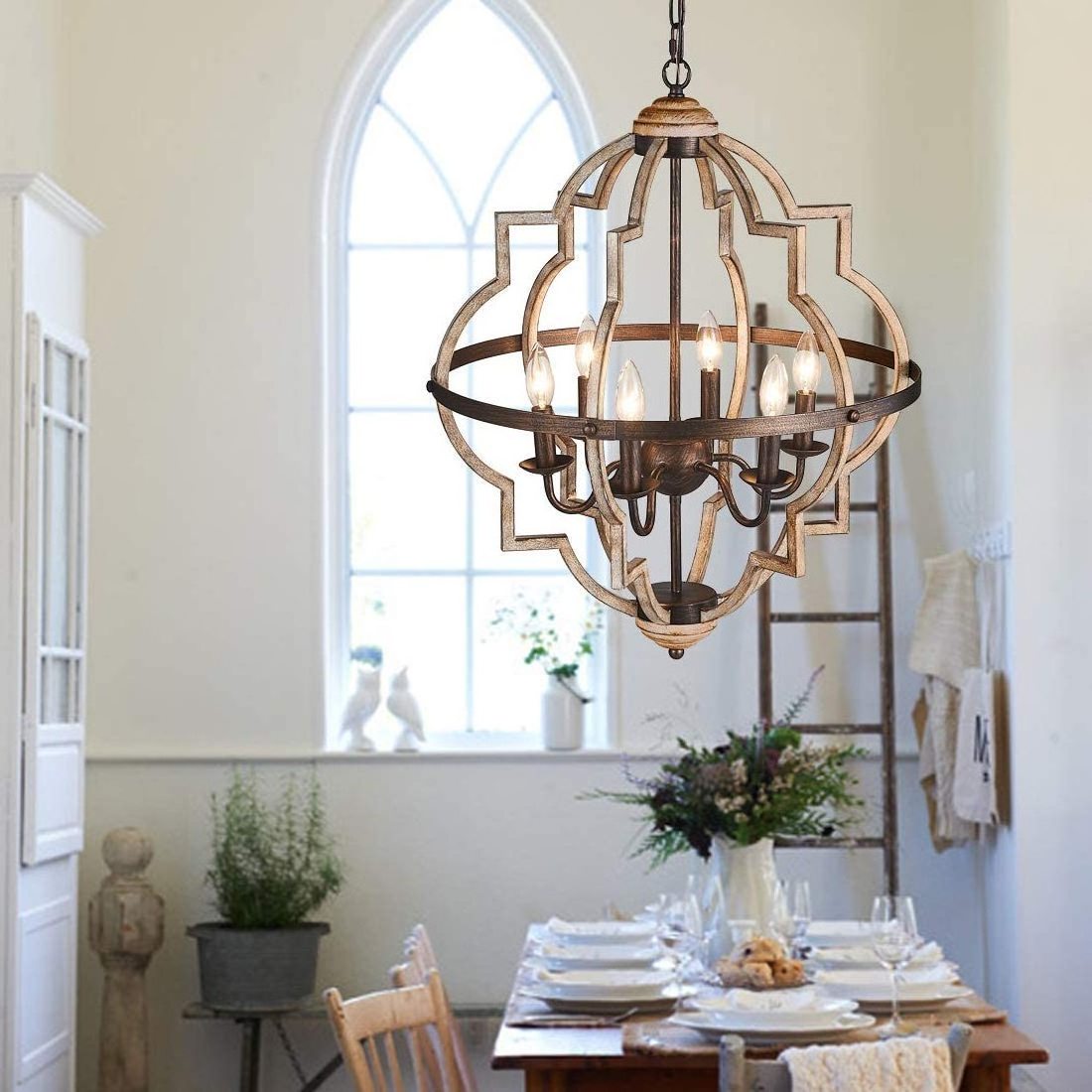 Farmhouse White Wood Chandeliers Global Faux-wood Painting Dining Room Pendant Light Wooden French Country Hanging Light Fixture