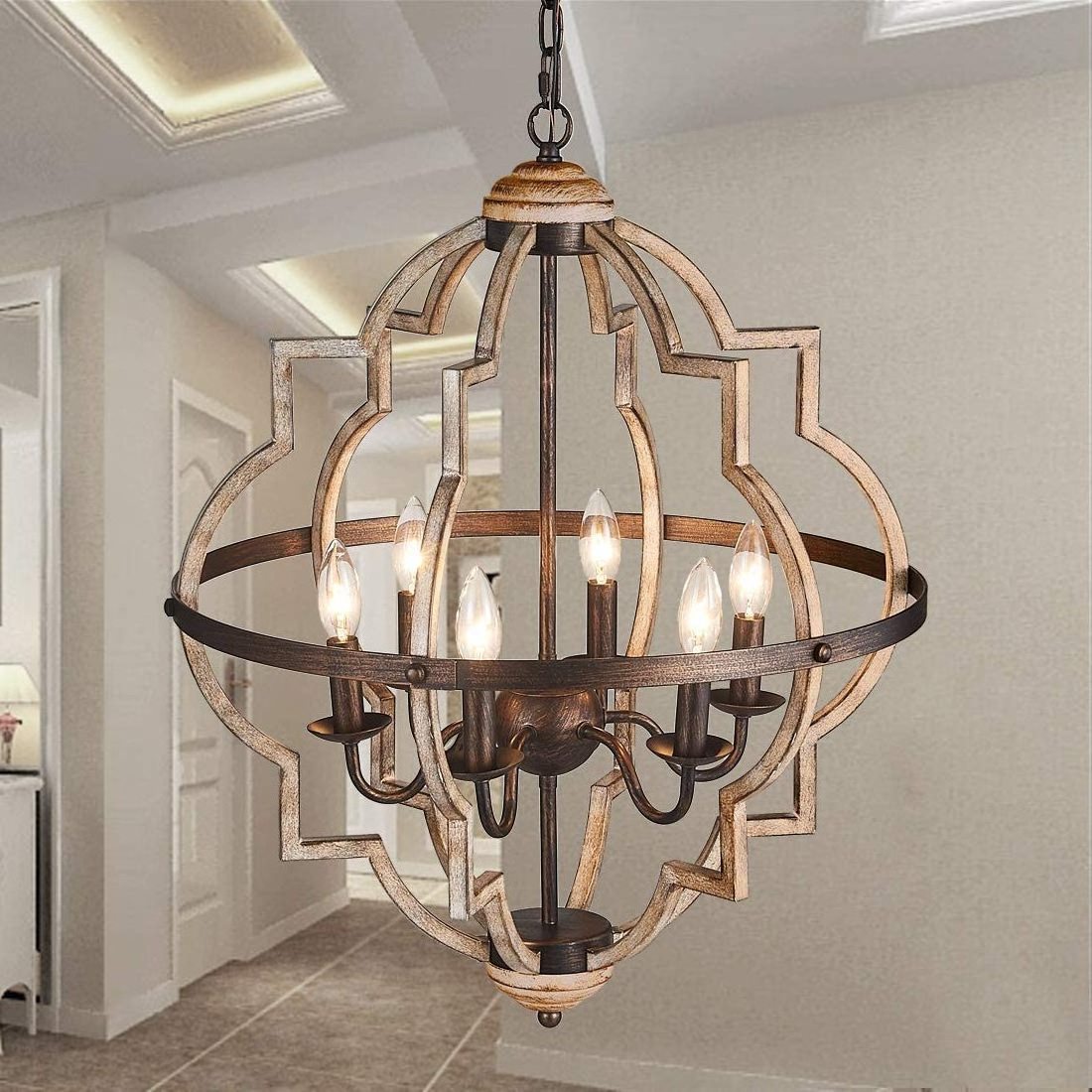 Farmhouse White Wood Chandeliers Global Faux-wood Painting Dining Room Pendant Light Wooden French Country Hanging Light Fixture