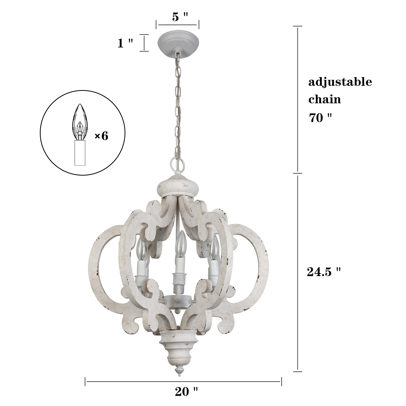 Cottage Chic Crown Distressed White Wood Chandelier, 6-Light Farmhouse Chandeliers, French Country Handmade Wood Pendant Light