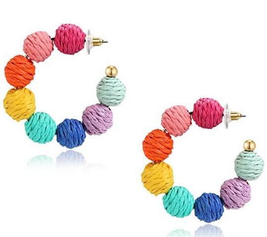 Fashion Rainbow Rattan Wrapped Ball Earrings Large C Hoop Earrings Summer Beach Earrings