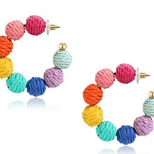 Fashion Rainbow Rattan Wrapped Ball Earrings Large C Hoop Earrings Summer Beach Earrings