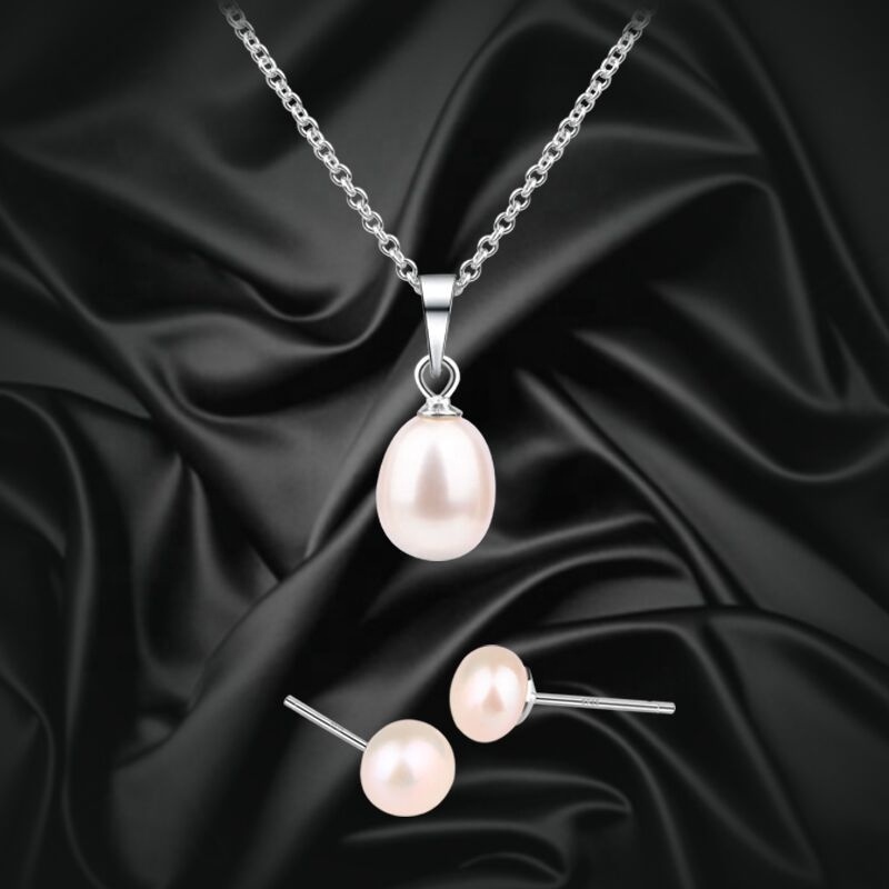 Gift jewelry White Fresh Water Pearl Necklace and Earrings Set with 925 silver Studs 925 Silver Chain Pendant Necklace