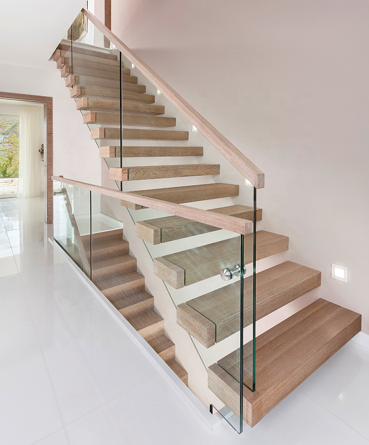 Most Selling Product Gold Handrail Aluminum Posts For Glass White Oak Stair Tread Indoor Open Floating Stair