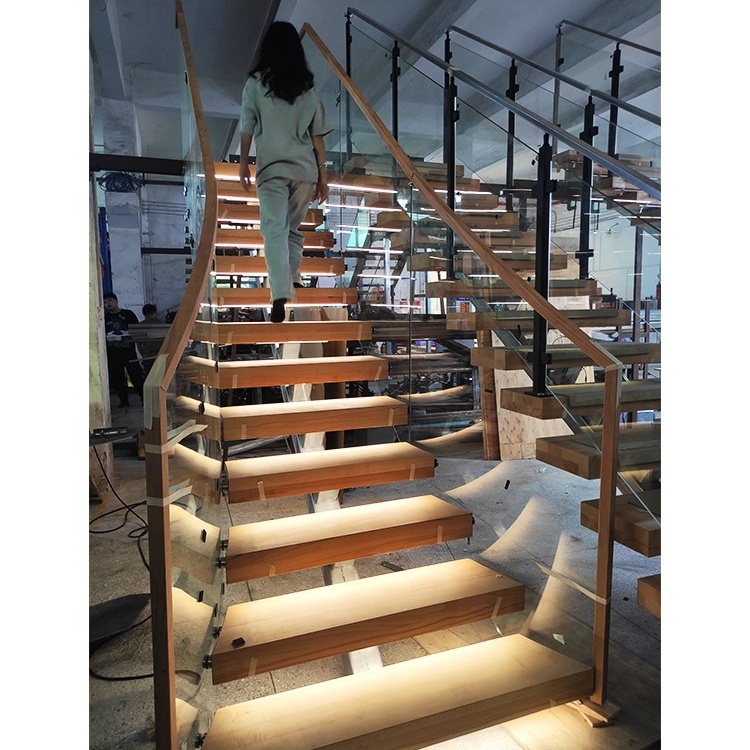 USA Canada Building Standard Metal Straight Escalier Steel Spine Beam Staircase Floating Design Solid Wood Smart With Laminated